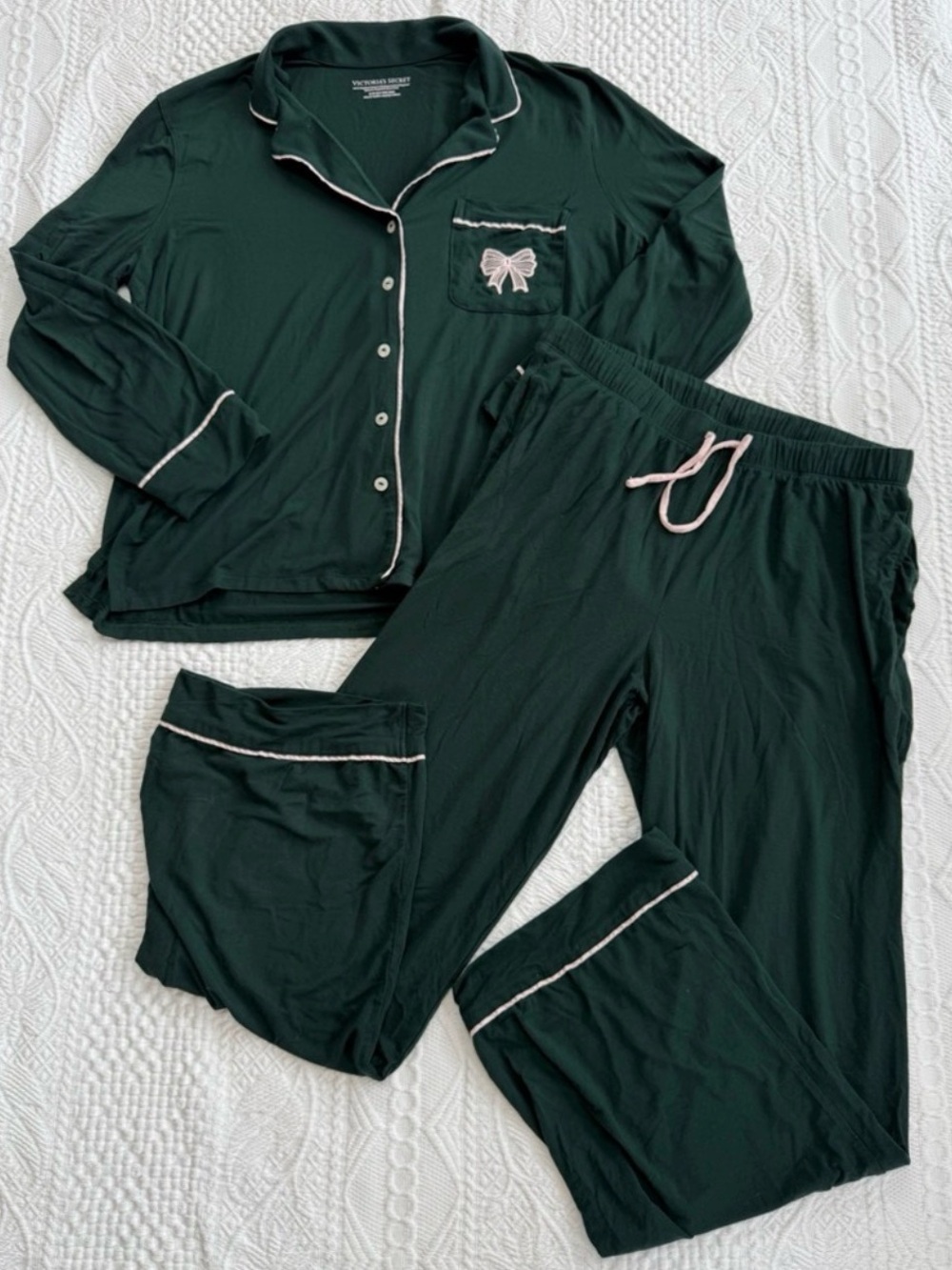 Victoria's Secret Dark Green Pajama Set with Pink Bow